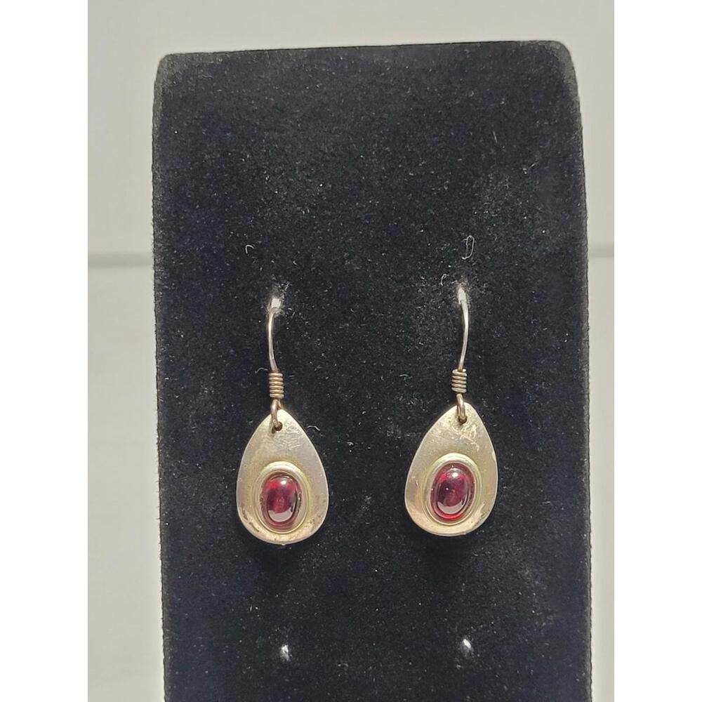 Vintage 925 Sterling Silver Teardrop Hook Earrings Natural Red Cabochon Garnet